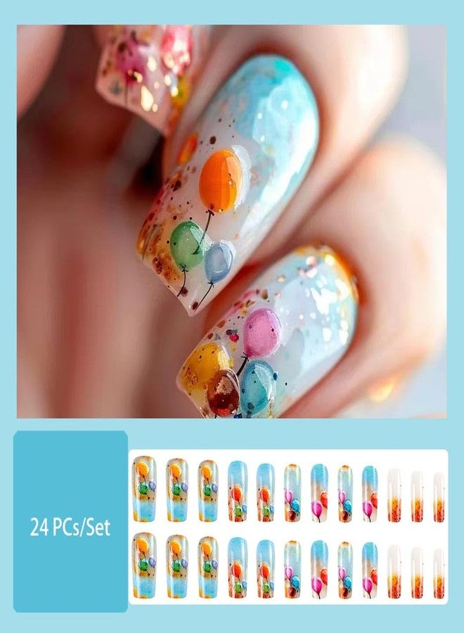RikView Coffin Press on Nails Long Fake Nails Blue Acrylic Nails with Color Balloon Design Glossy Full Cover Nails Nails for Women 24 PCs/Set - Image 2